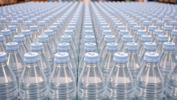 Numerous clear water bottles closeup, potential recall alert.