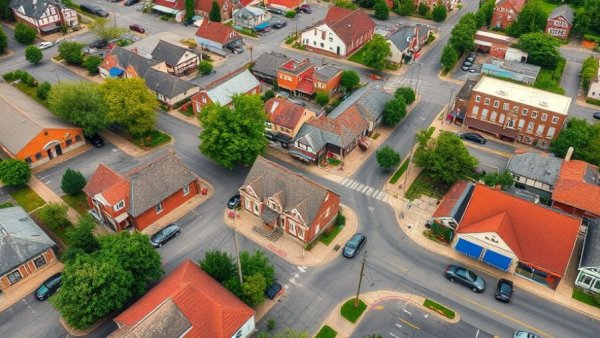 Milton small town aerial view, buildings, parking lots, green spaces.