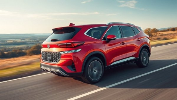 Red SUV driving on an open road, showcasing new vehicle inventory.