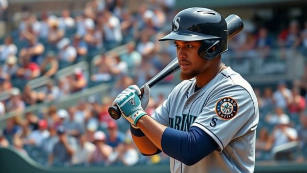 Mariners player in spring training preparing with bat.