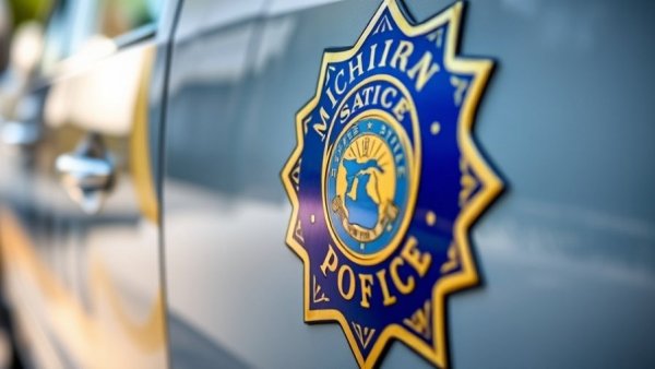 Michigan State Police emblem on vehicle door, blue and gold logo close-up.