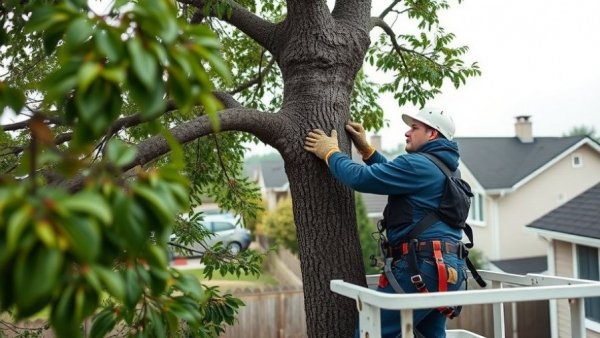 Hillsborough County arborist using cherry picker for tree trimming.