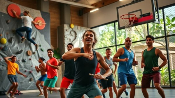 Diverse energetic workouts, colorful and playful scenes for active seniors.