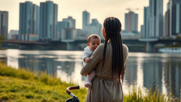 Mother with baby by river in urban park, stroller nearby.