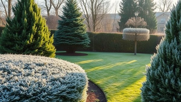 Frosted hedge plants in a winter garden setting.