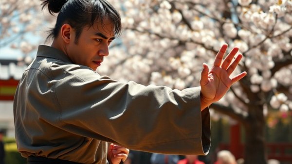 Martial artist practicing Chudan Uchi-Uke Doji Ni Gedan-Barai technique in garden.
