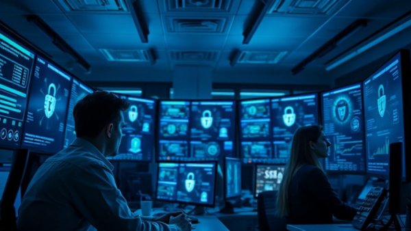 IT team analyzing data on secure monitors in office.