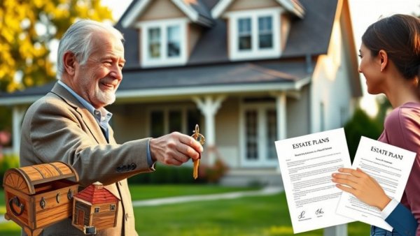 Real estate in Michigan: smiling couples with house and estate planning symbols.