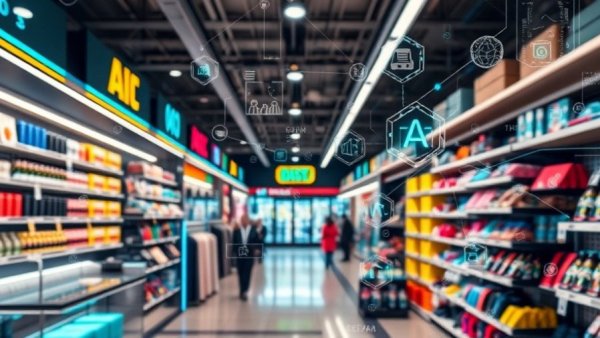 AI transformation in retail with digital icons and vibrant store.
