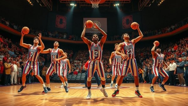 Harlem Globetrotters showcasing basketball skills during 100 Year Tour event in Michigan.