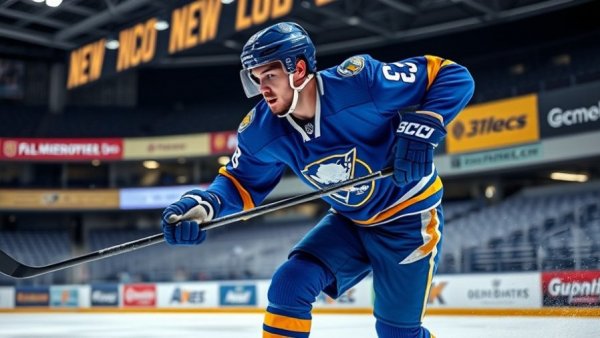 Michigan hockey player in blue skates in action during Minnesota preview.