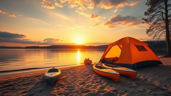 Ludington Michigan camping experience with tent and kayaks at sunrise.