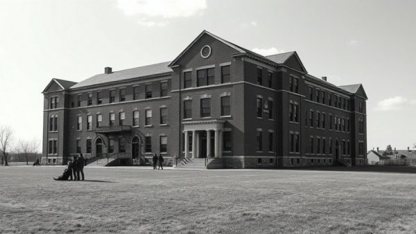 Historic Michigan Native boarding school with students on lawn.