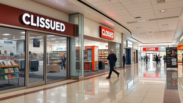 A closing department store with bold sales signs and a man walking by.