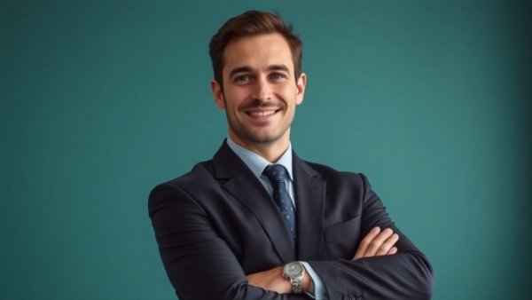 Confident professional smiling in formal suit, European Defense Fund context.