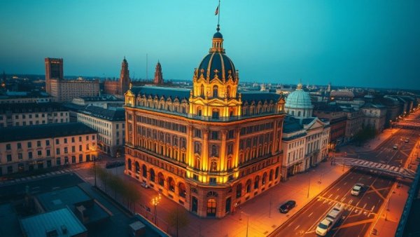 Aerial view of a historic building in Detroit at night, highlighting Lincoln headquarters move.