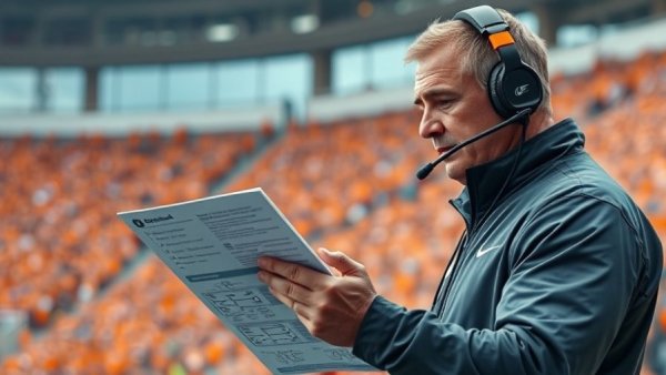 Focused coach studying play chart during game; Broncos exploit Bills weaknesses.