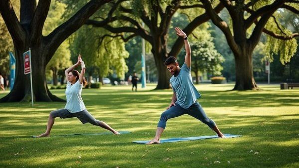 People stretching in a park, promoting prevention and treatment of obesity.