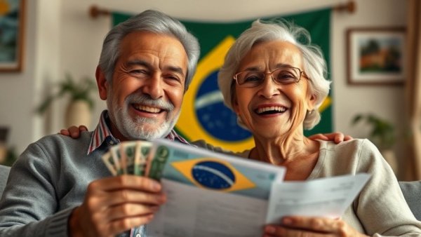 Joyful older couple celebrating Continuous Benefit Payment in Brazil 2026.