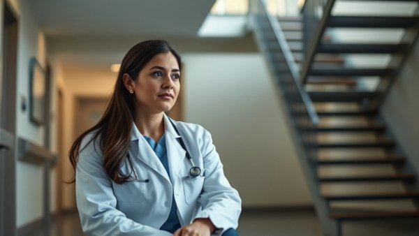 Thoughtful doctor in clinic highlighting domestic violence screening in orthopedic care.