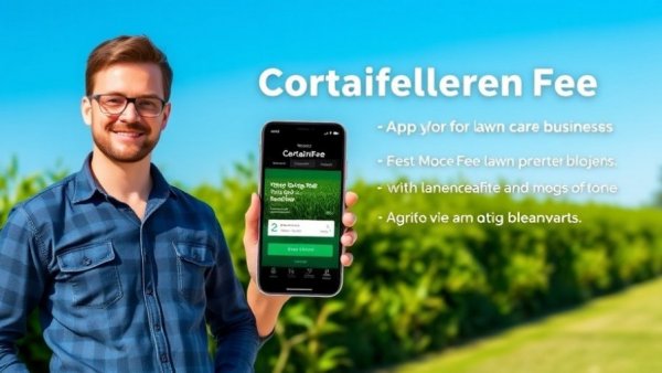 Lawn care app promotion with man standing, showcasing app features and benefits.