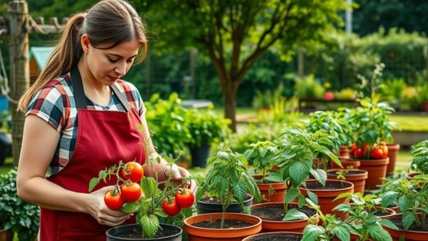 Woman transplanting tomato seedlings in sunny garden setting.