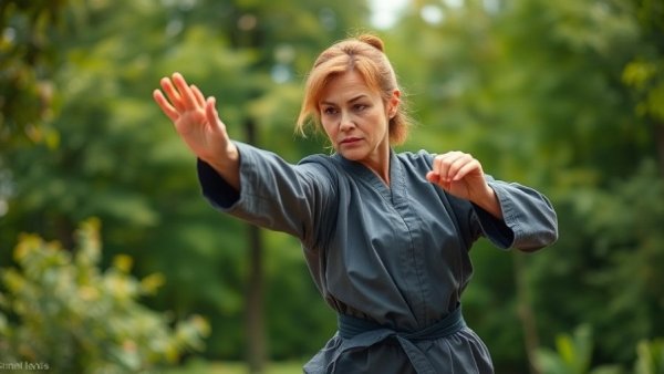 Mature woman practicing martial arts outdoors in Gurnee.
