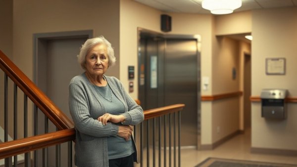 Older woman next to elevator in senior living building, expressing concern