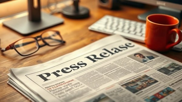 Press release with red coffee cup on wooden desk, suggesting work setting.