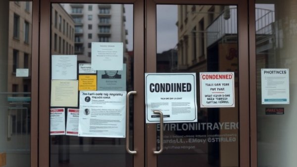 Condemned building notices on glass doors, indicating rental property oversight services needed.