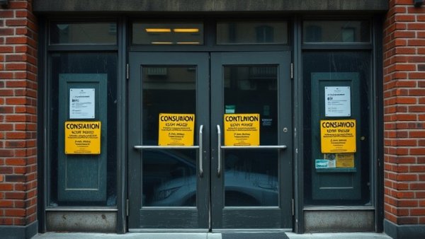 Condemned building in Greensboro, notices on door, housing crisis.