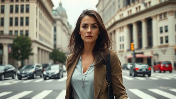 Focused woman crossing street in urban setting, related to Michigan rural healthcare funding.