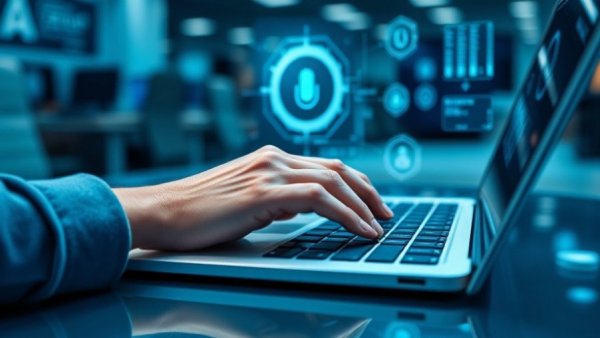 Hands typing on laptop with AI icons for AI optimization for small businesses.