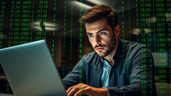 AI-Powered Cyber Scams warning on laptop screen with person in office.