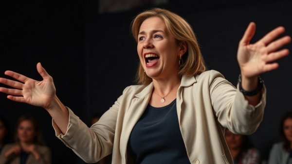 Passionate female coach leading energetically.