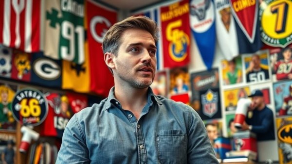 Man discussing basketball history in a memorabilia-filled room.