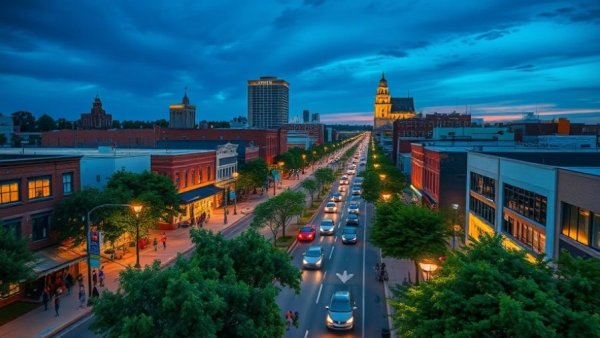 Aerial view of Ferndale, Michigan at dusk, vibrant cityscape.