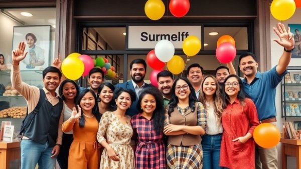 Small business owners celebrating success with community support.