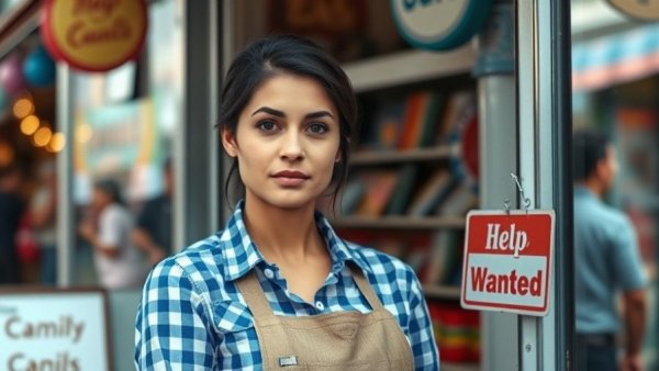 Small business owner in front of store with help wanted sign.