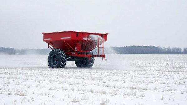 A red spreader disperses material on a snowy Michigan farm field.