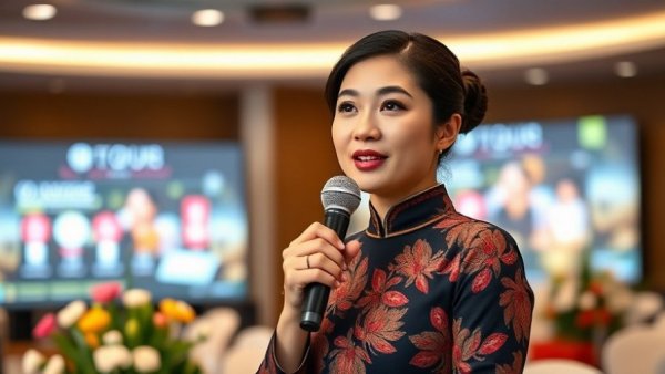 Asian woman speaking at smart mobility automotive industry event.