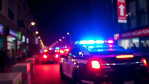 Police car with flashing lights in urban night scene.