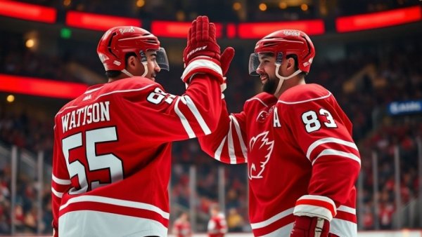 Grand Rapids Griffins players celebrating their 30th win with a high-five.