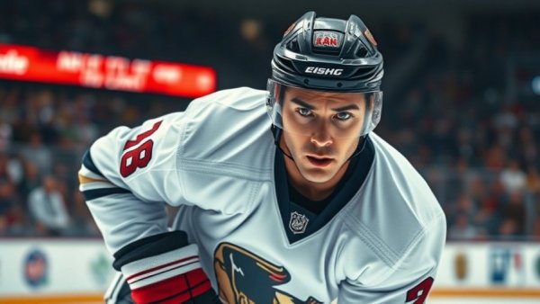 Focused hockey player competing in game, Penn State jersey, photorealistic.