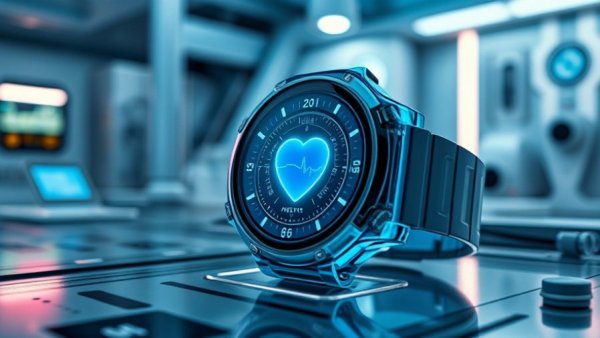 Futuristic smartwatch in healthcare with holographic data.