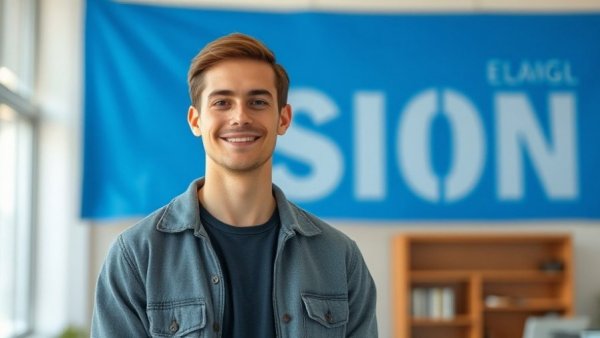 Young man smiling in a rental property oversight services office.