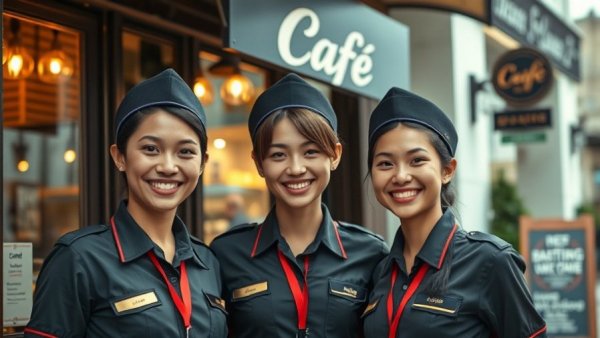 Smiling small business team in Detroit cafe emphasizing online marketing