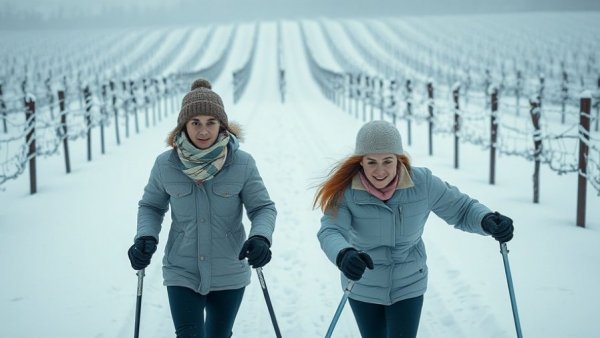 Sip & Ski Tour participants skiing through snowy vineyard.