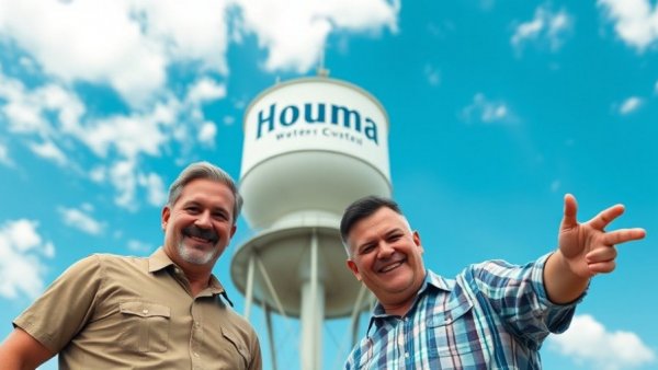 Smiling men point at Houma water tower under a blue sky.