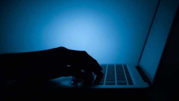 Silhouette of a hand typing on a laptop keyboard, emphasizing shadow AI risks for small businesses.